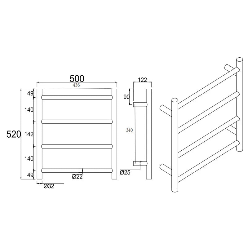 Black Heated Towel Rack 4 Bars Aquaperla