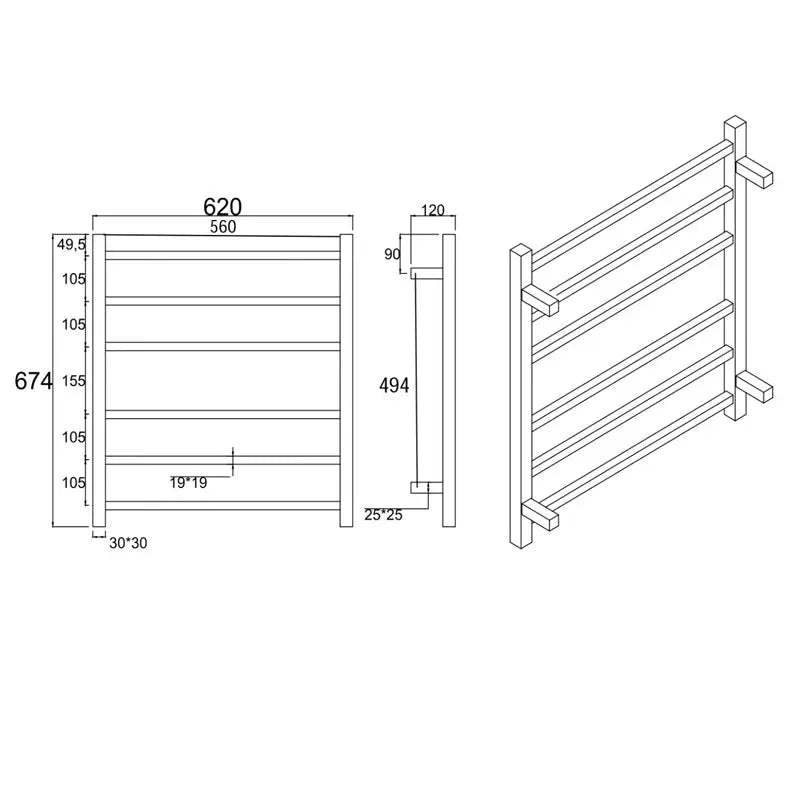 Black Heated Towel Rack 6 Bars Aquaperla
