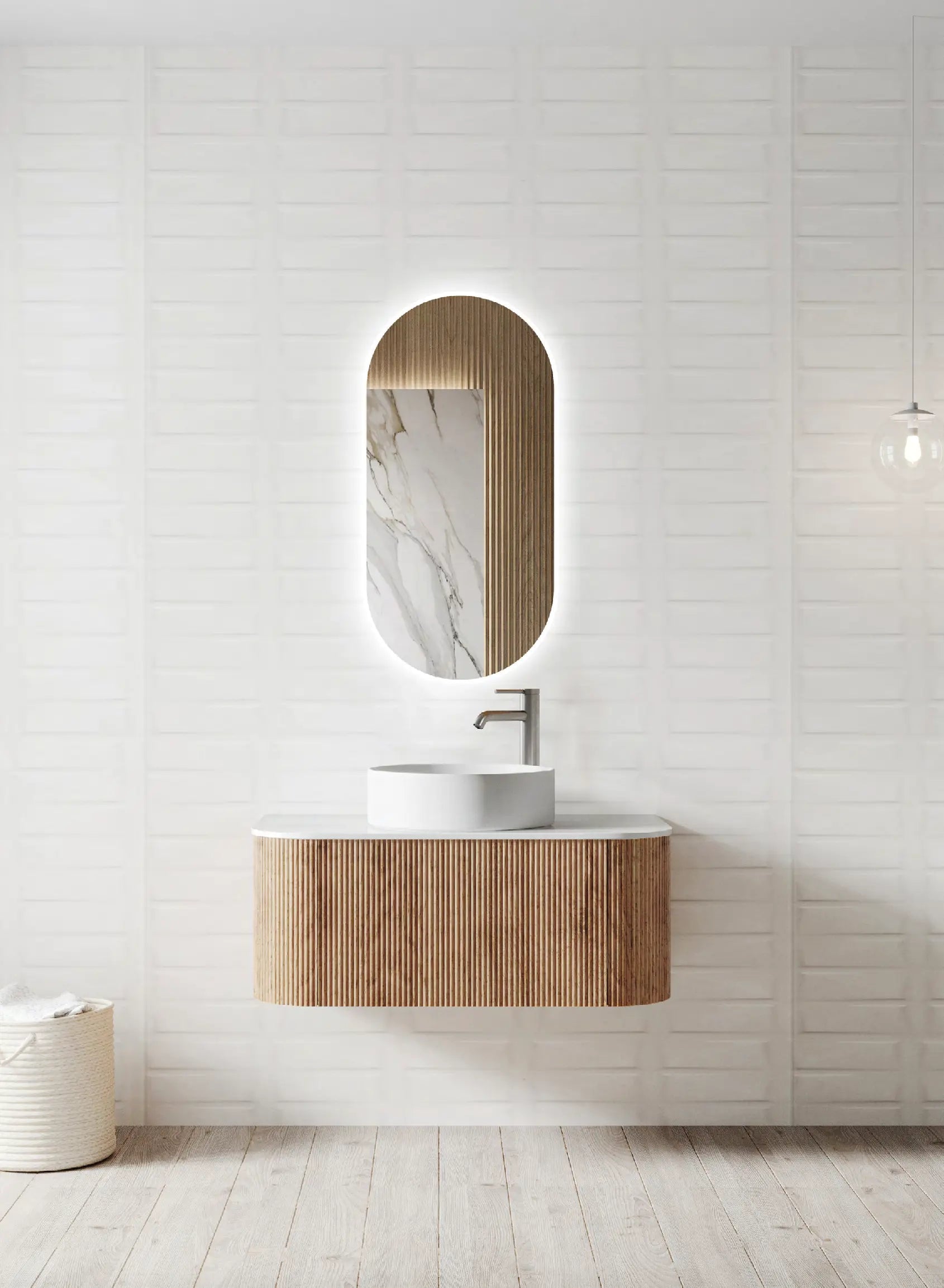 Adair Curved Fluted Wall Hung Vanity - Walnut Wood 900mm x 450mm (Stone Top & Basin are Included) Bagno D'Oro