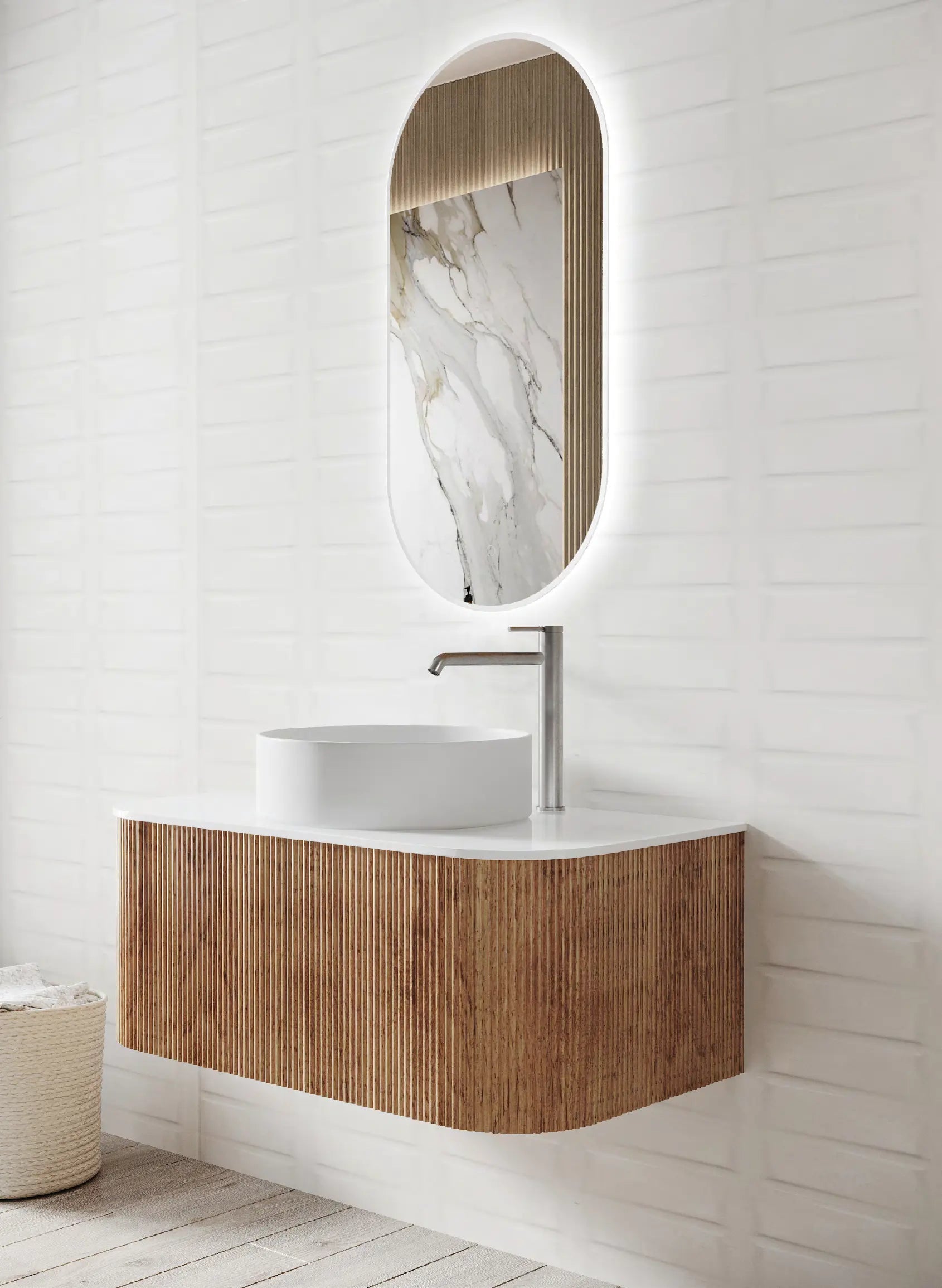 Adair Curved Fluted Wall Hung Vanity - Walnut Wood 1200mm x 450mm (Stone Top & Basin are Included) Bagno D'Oro