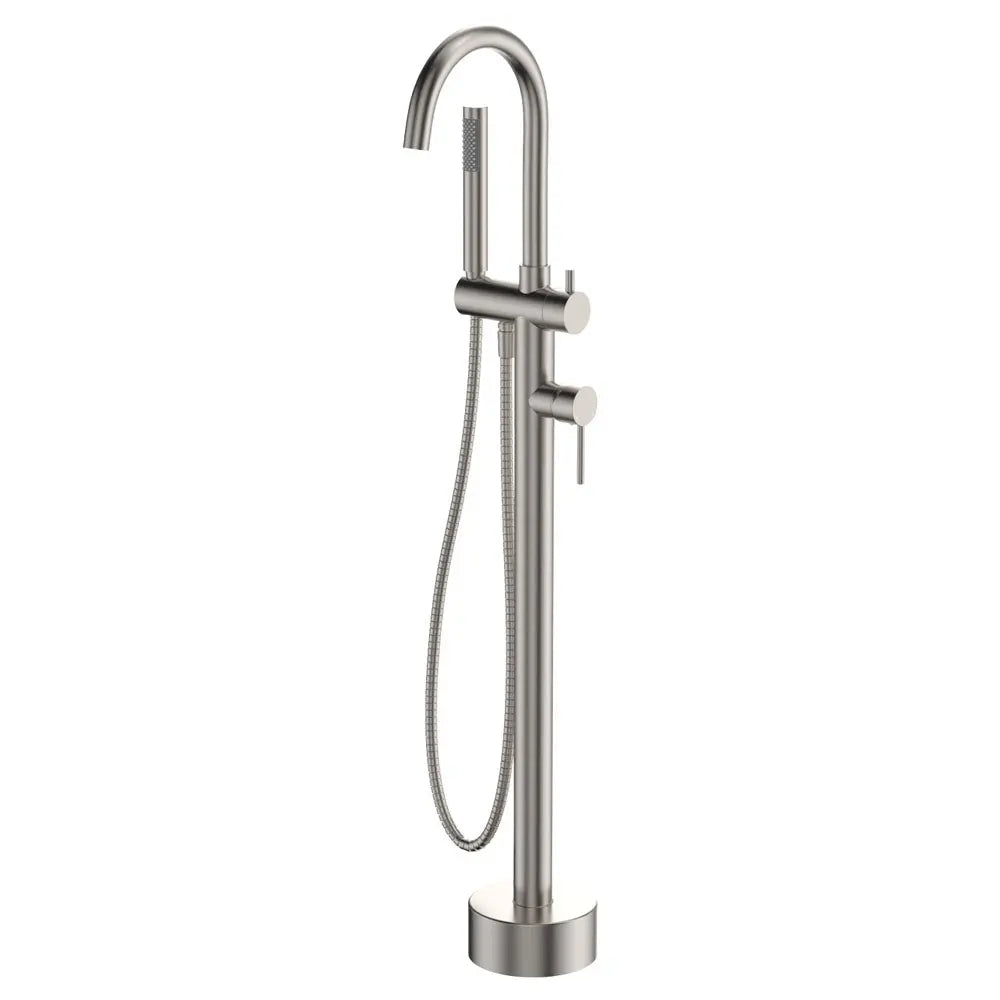 Kaya Floor Mounted Bath Mixer With Hand Shower, Brushed Nickel fienza