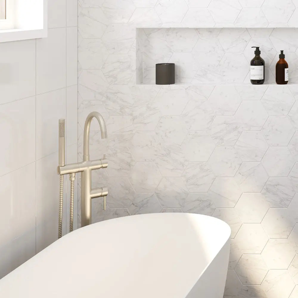Kaya Floor Mounted Bath Mixer With Hand Shower, Brushed Nickel fienza