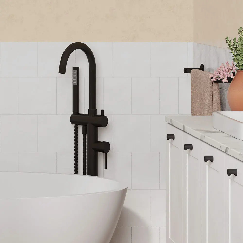 Kaya Floor Mounted Bath Mixer With Hand Shower, Matte Black fienza
