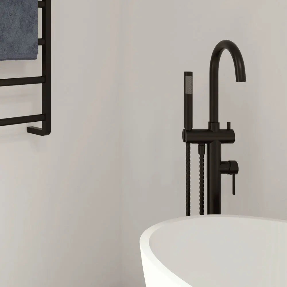 Kaya Floor Mounted Bath Mixer With Hand Shower, Matte Black fienza
