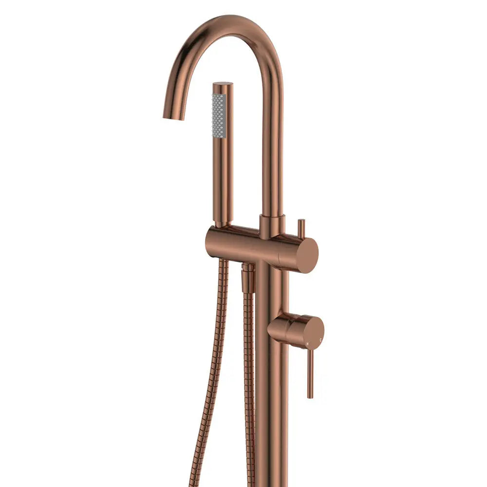 Kaya Floor Mounted Bath Mixer With Hand Shower, Brushed Copper fienza