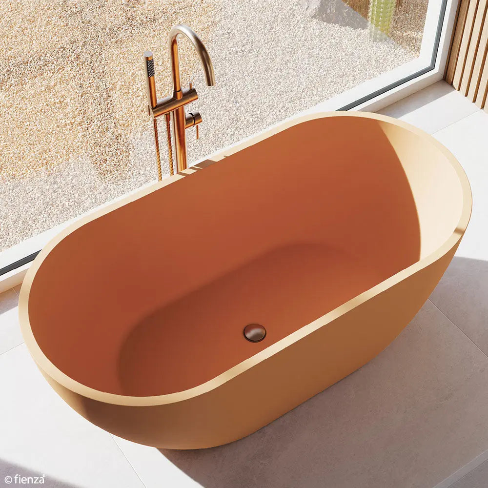Kaya Floor Mounted Bath Mixer With Hand Shower, Brushed Copper fienza