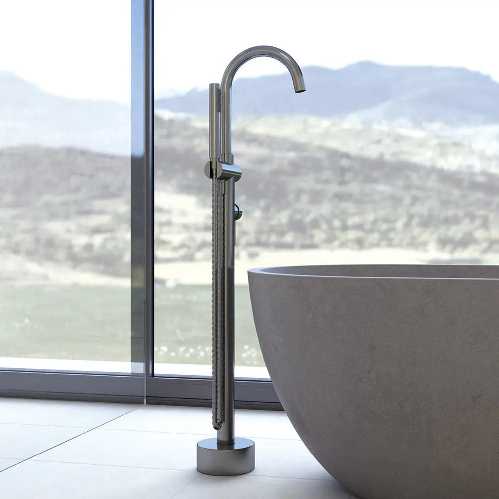 Kaya Floor Mounted Bath Mixer With Hand Shower, Gun Metal fienza