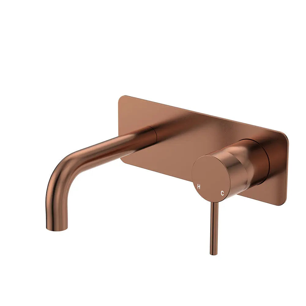 Kaya Basin/Bath Wall Mixer Set, Rectangular Plates, 130mm Outlet, Brushed Copper fienza