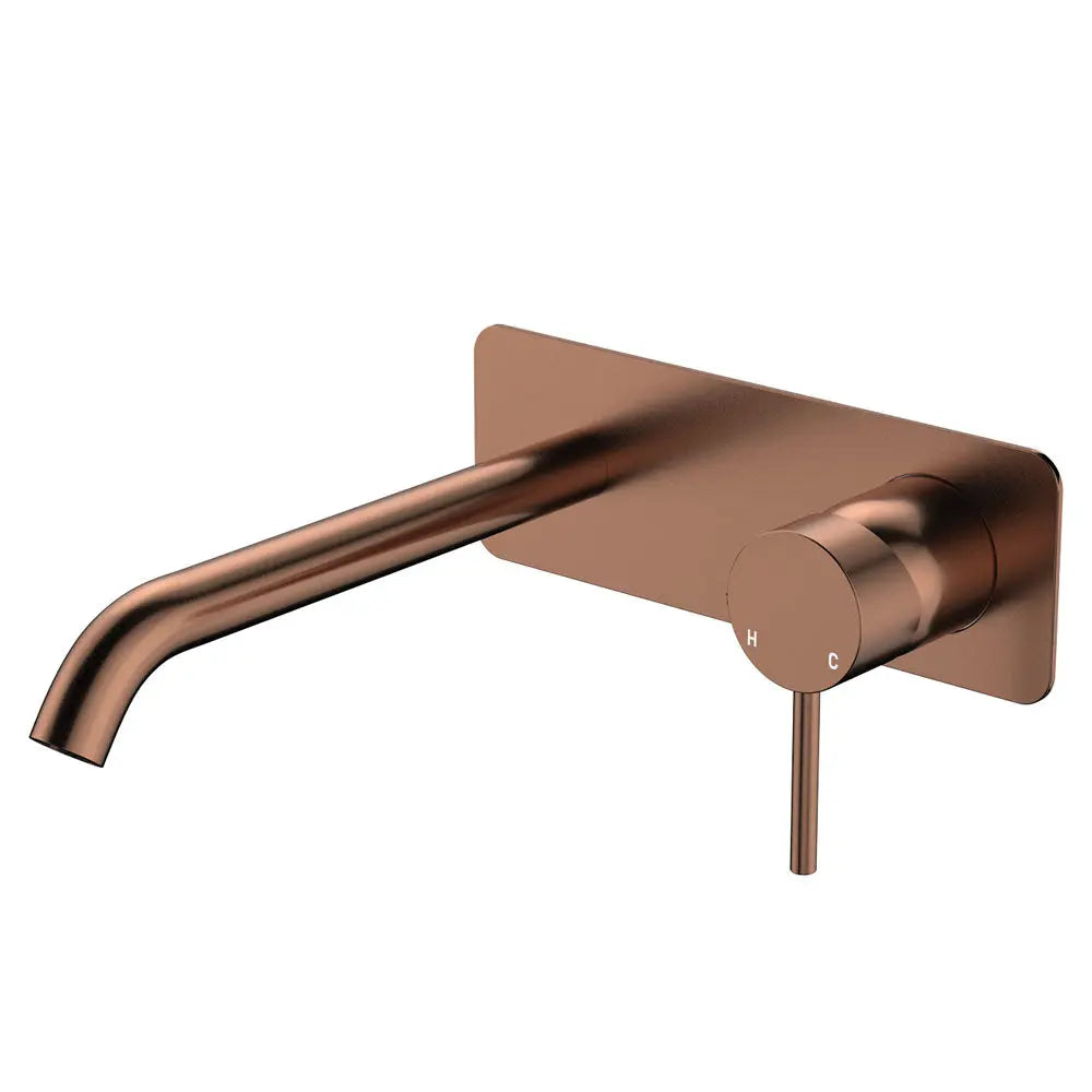 Kaya Basin/Bath Wall Mixer Set, Rectangular Plate, 200mm Outlet, Brushed Copper fienza