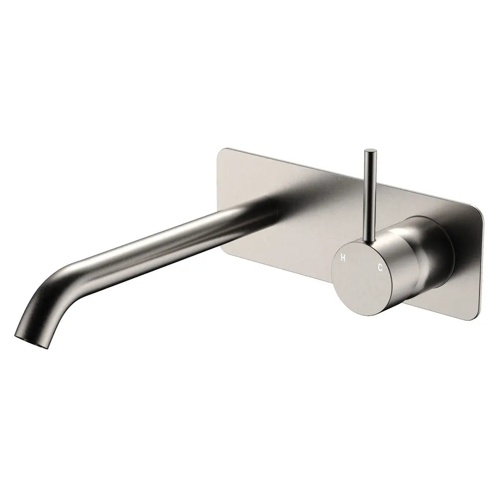Kaya Up Basin/Bath Wall Mixer Set, Rectangular Plate, 200mm Outlet, Brushed Nickel fienza