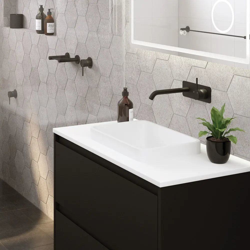 Kaya Up Basin/Bath Wall Mixer Set, Rectangular Plate, 160mm Outlet, Matte Black fienza
