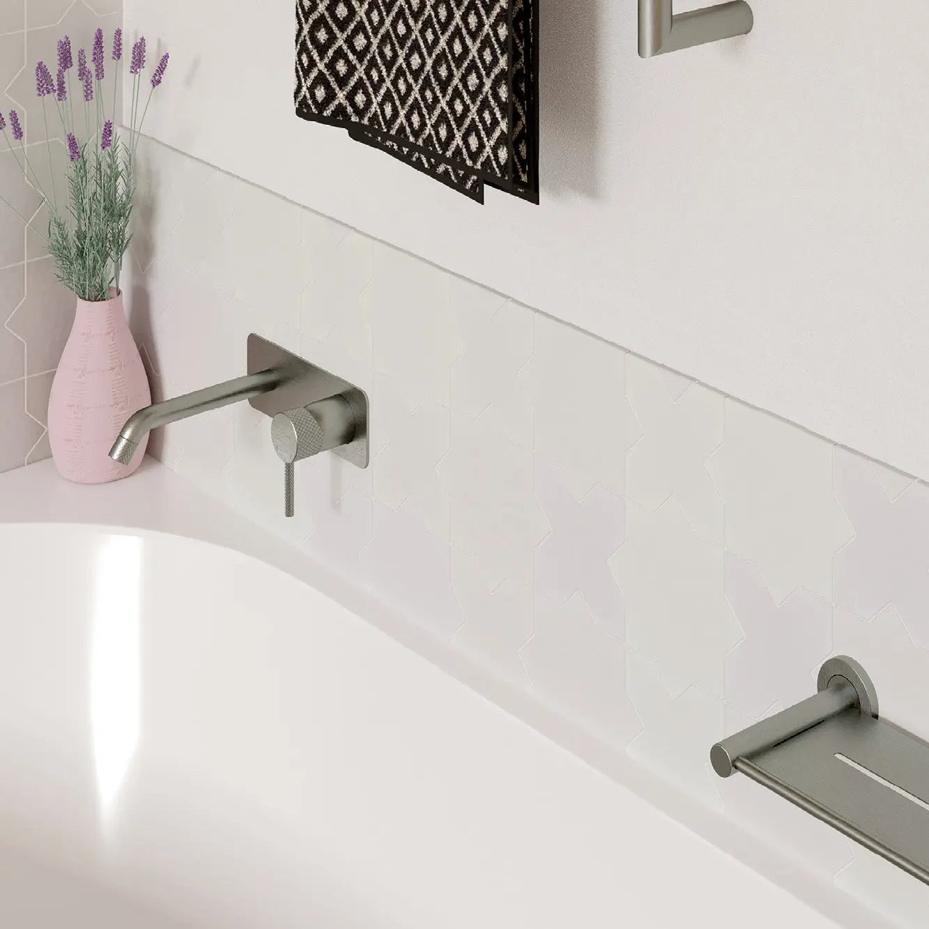 Axle Wall Basin/Bath Mixer Set, Rectangular Plate, 200mm Outlet, Brushed Nickel fienza