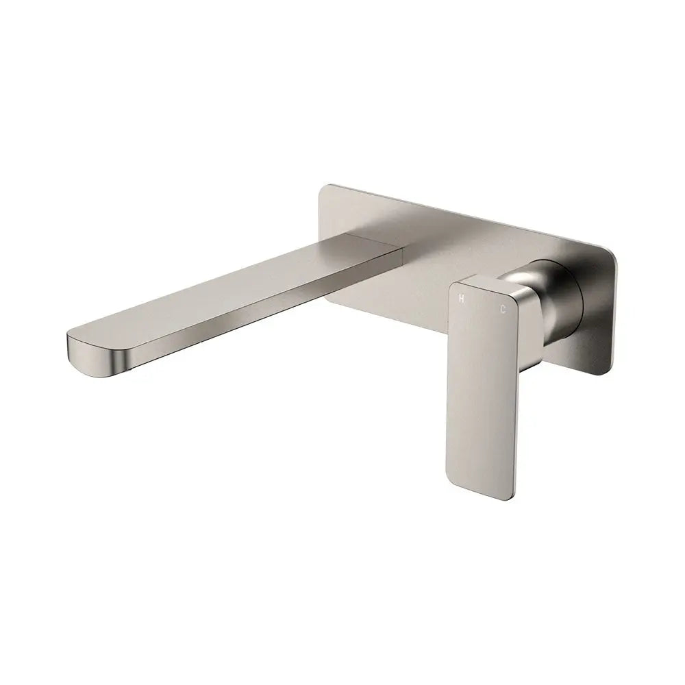 Tono Basin/Bath Wall Mixer Set, Rectangular Plate, 200mm Outlet, Brushed Nickel fienza