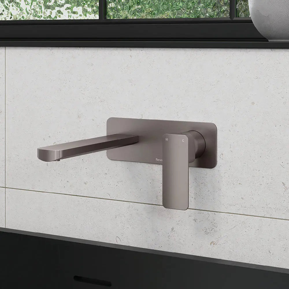 Tono Basin/Bath Wall Mixer Set, Rectangular Plate, 160mm Outlet, Gun Metal fienza