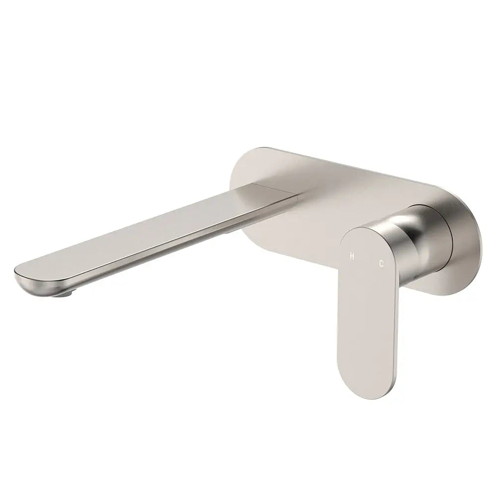 Empire Slim Basin/Bath Wall Mixer Set, Oval Plate, 200mm Outlet, Brushed Nickel fienza