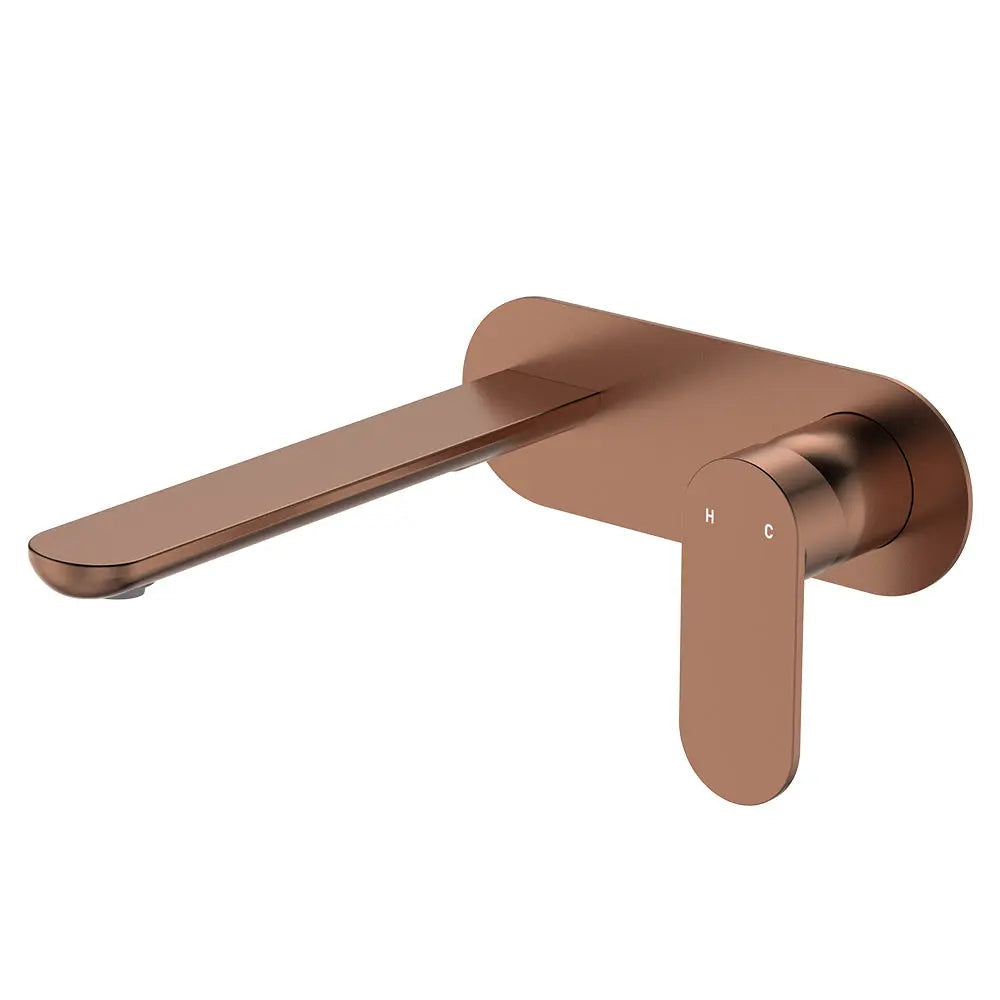Empire Slim Basin/Bath Wall Mixer Set, Oval Plate, 200mm Outlet, Brushed Copper fienza