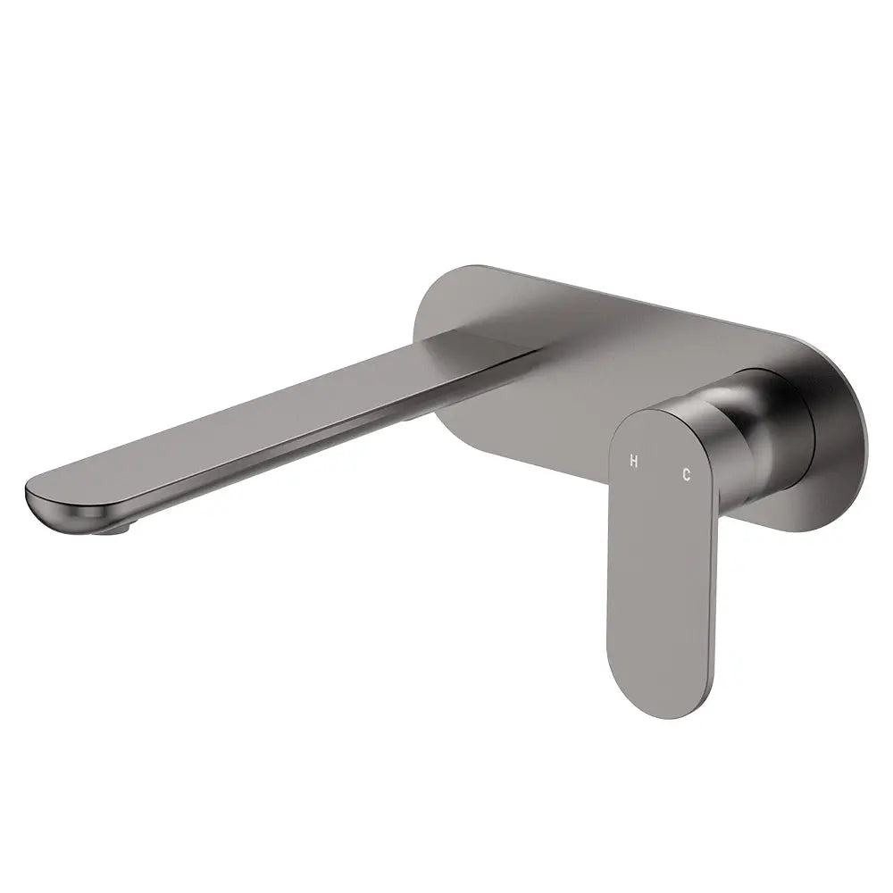 Empire Slim Basin/Bath Wall Mixer Set, Oval Plate, 200mm Outlet, Gun Metal fienza