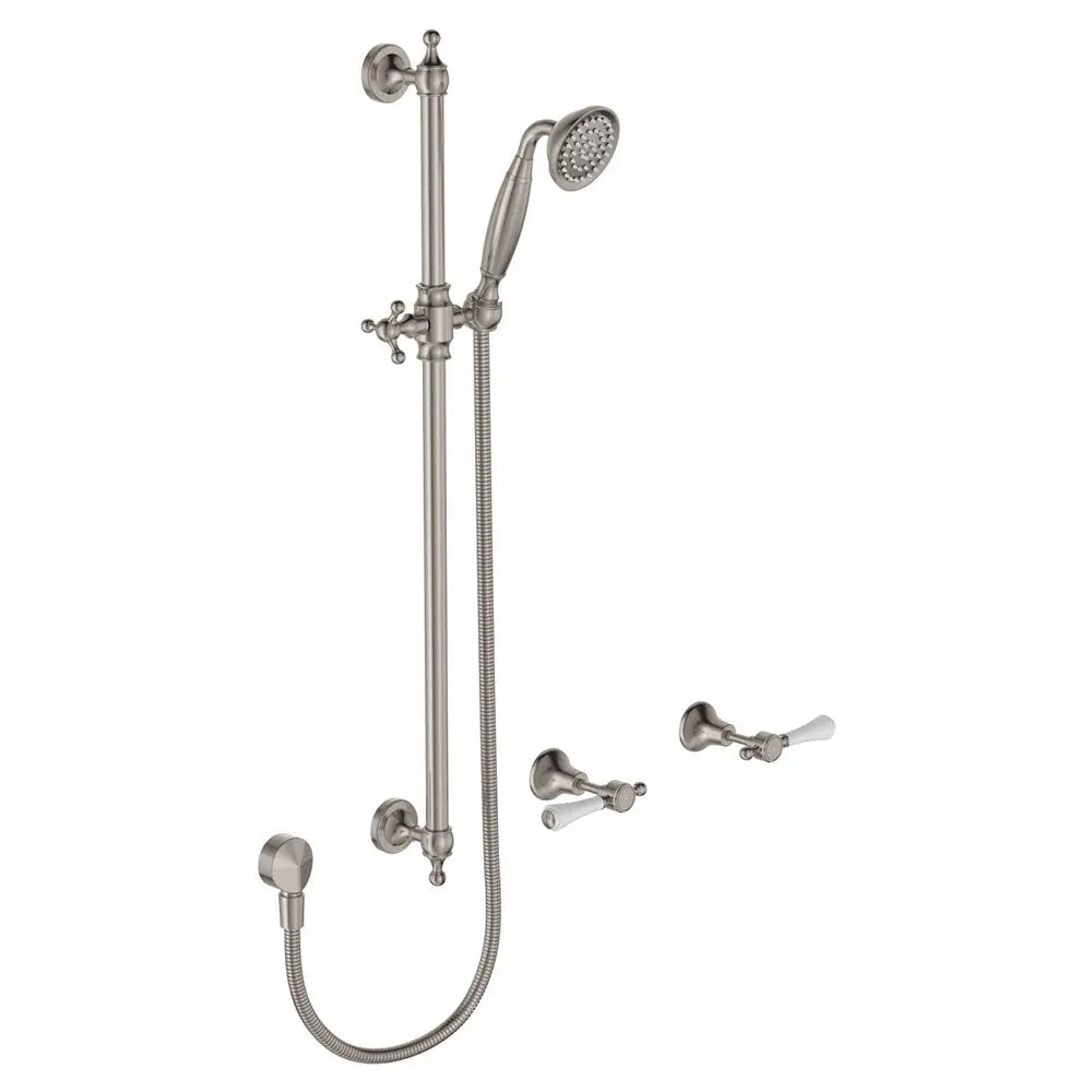 Lillian Lever Rail Shower Set, Brushed Nickel with Ceramic White Handle fienza