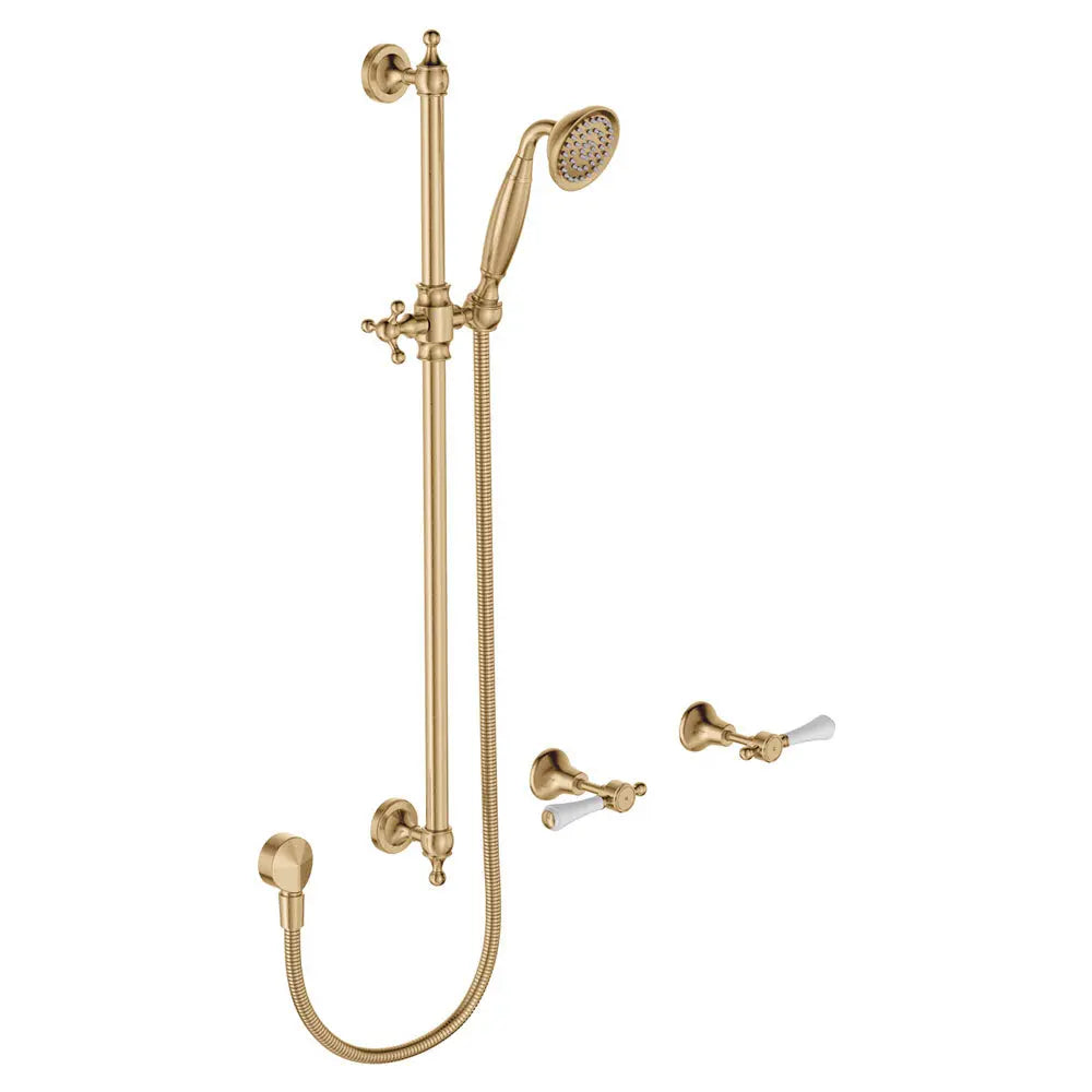 Lillian Lever Rail Shower Set, Urban Brass with Ceramic White Handle fienza