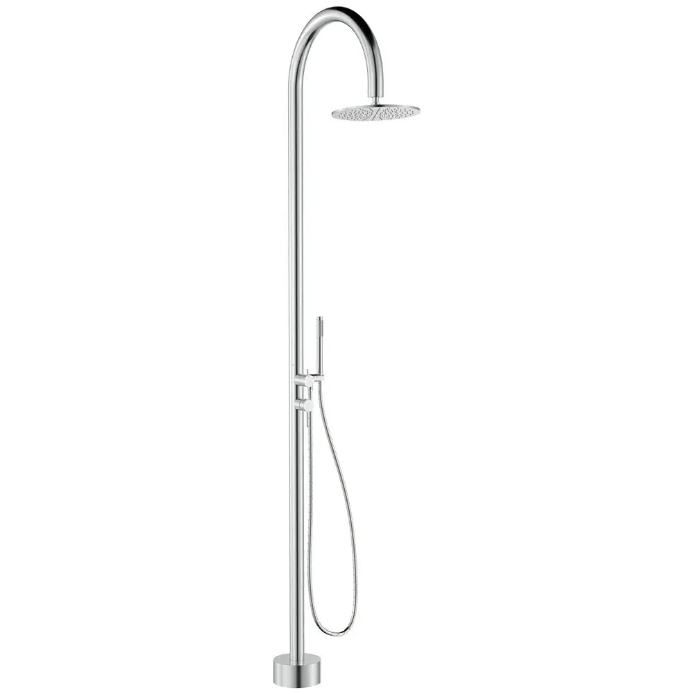 Kaya Floor Mounted Outdoor Twin Shower, Brushed Stainless Steel fienza