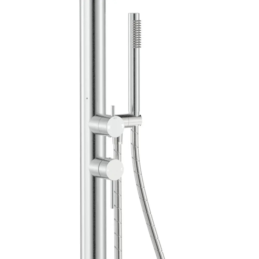 Kaya Floor Mounted Outdoor Twin Shower, Brushed Stainless Steel fienza
