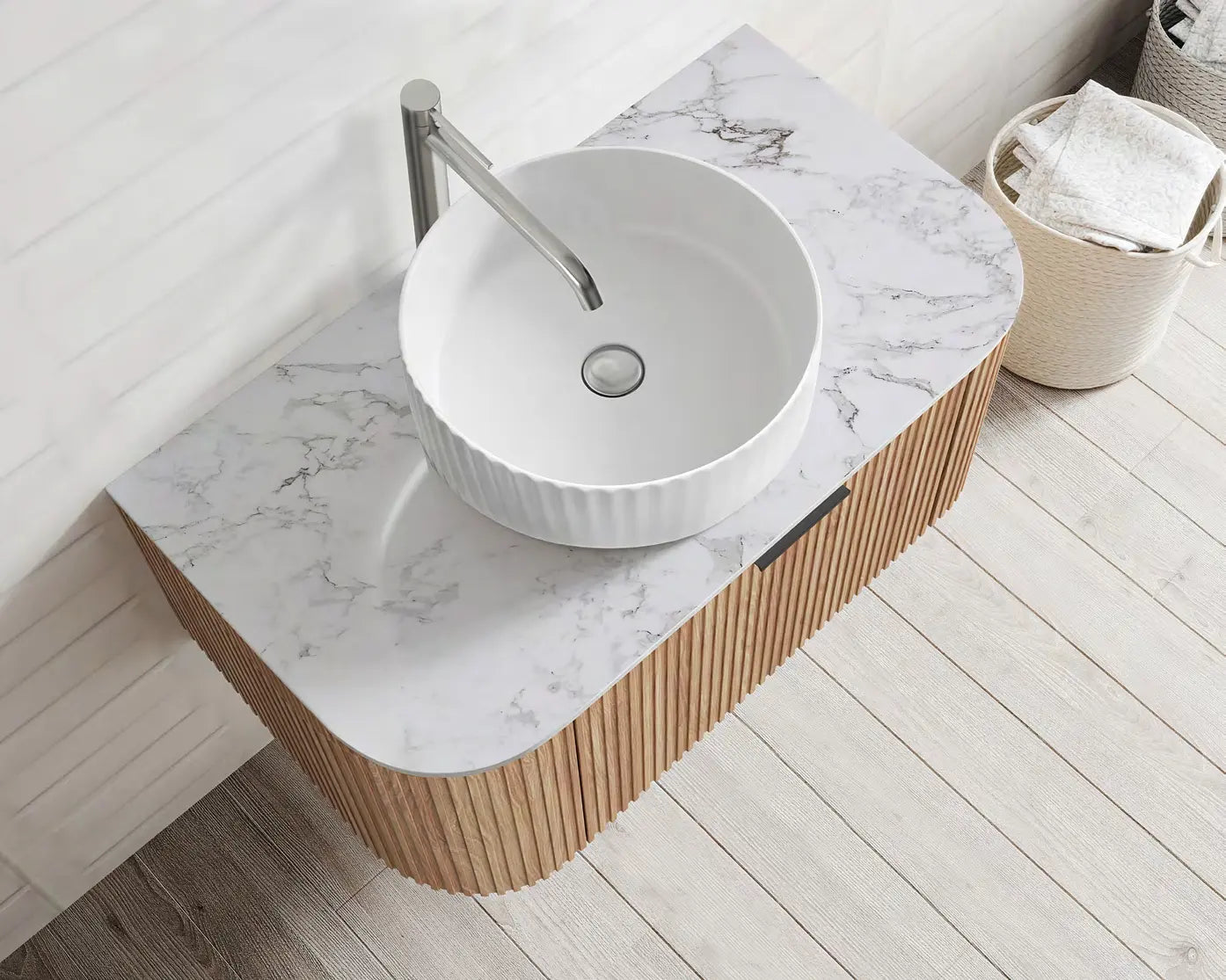 Adair Curved Fluted Wall Hung Vanity - Walnut Wood 900mm x 450mm (Stone Top & Basin are Included) Bagno D'Oro