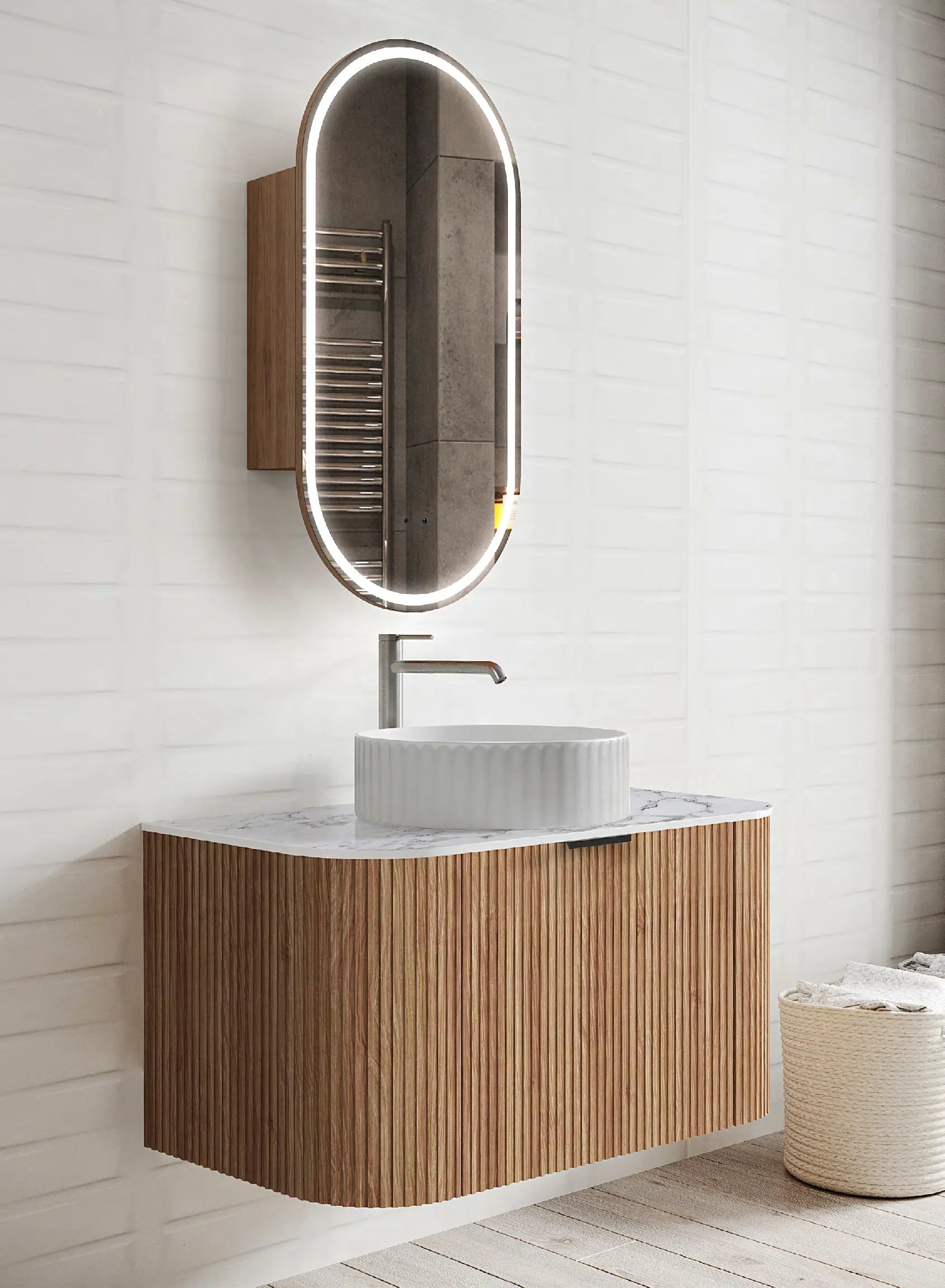Adair Curved Fluted Wall Hung Vanity - Walnut Wood 900mm x 450mm (Stone Top & Basin are Included) Bagno D'Oro
