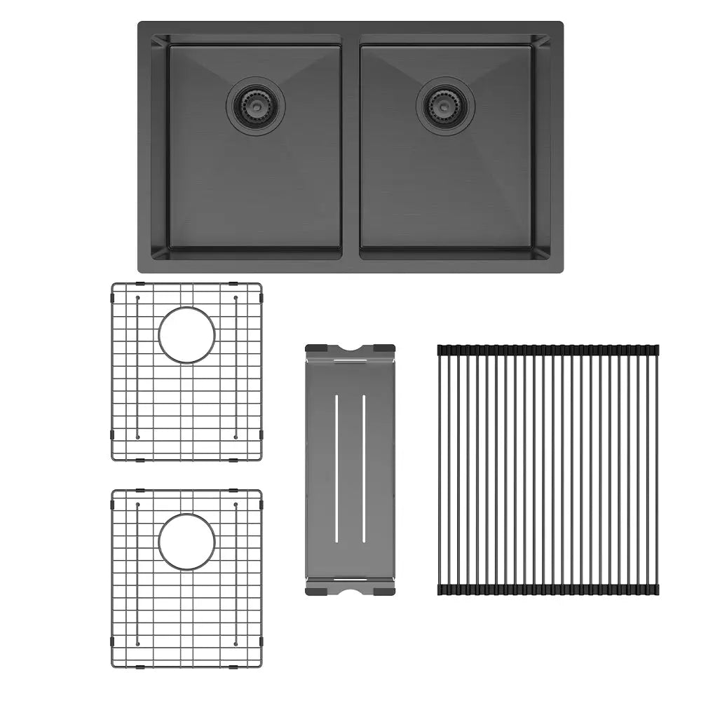 Hana 27L/27L Double Kitchen Sink Kit, PVD Carbon Metal fienza