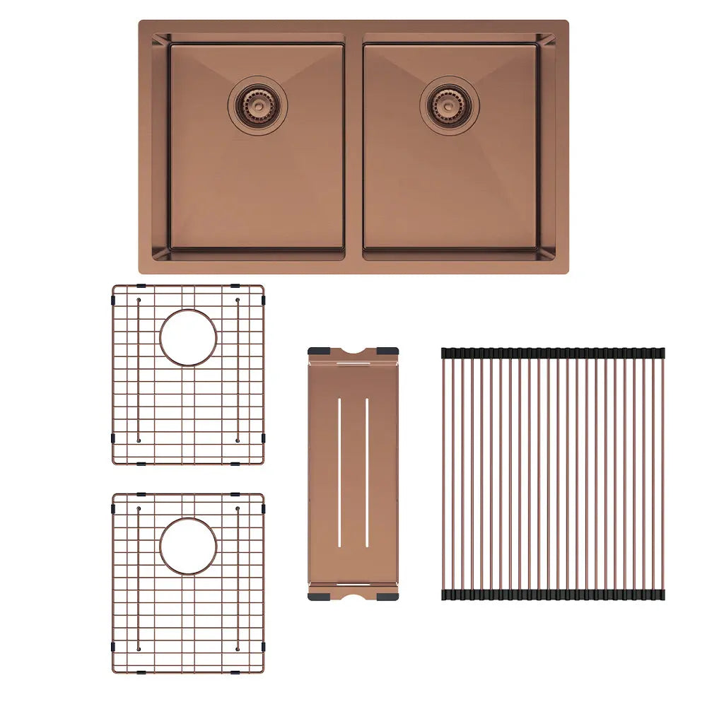 Hana 27L/27L Double Kitchen Sink, PVD Brushed Copper fienza