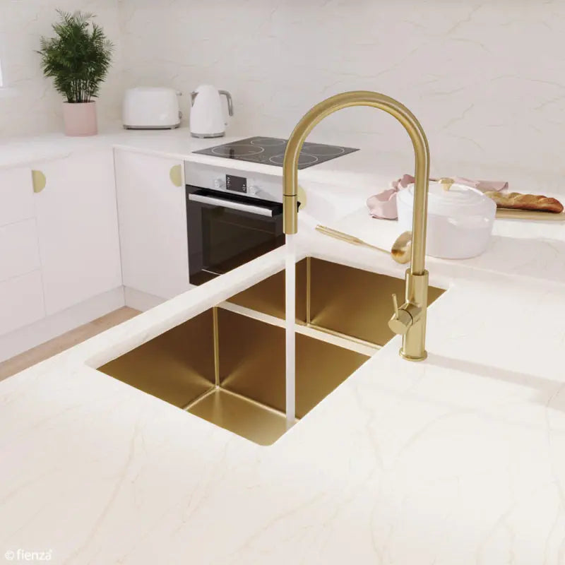 Hana 27L/27L Double Kitchen Sink, PVD Rugged Brass fienza