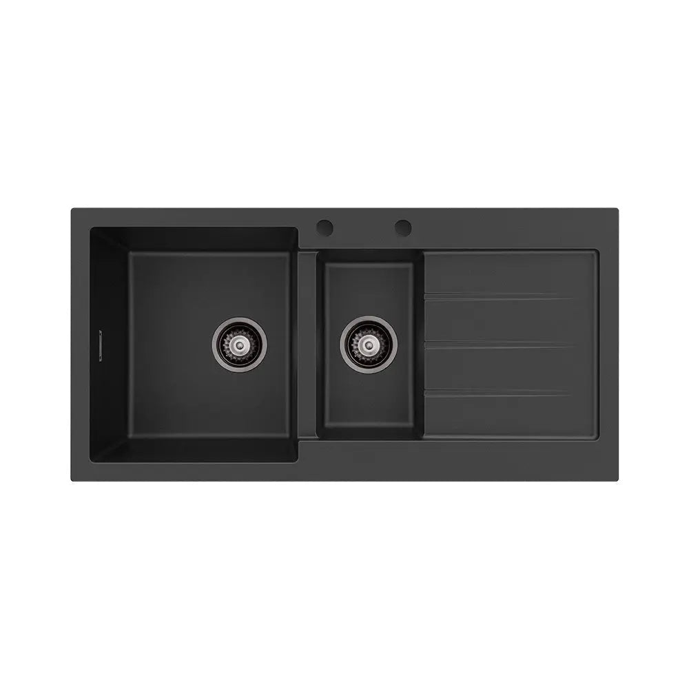 Kuro Granite 32L/14L Double Kitchen Sink with Drainer, Left Bowl, 2 Tap Holes, Matte Black fienza