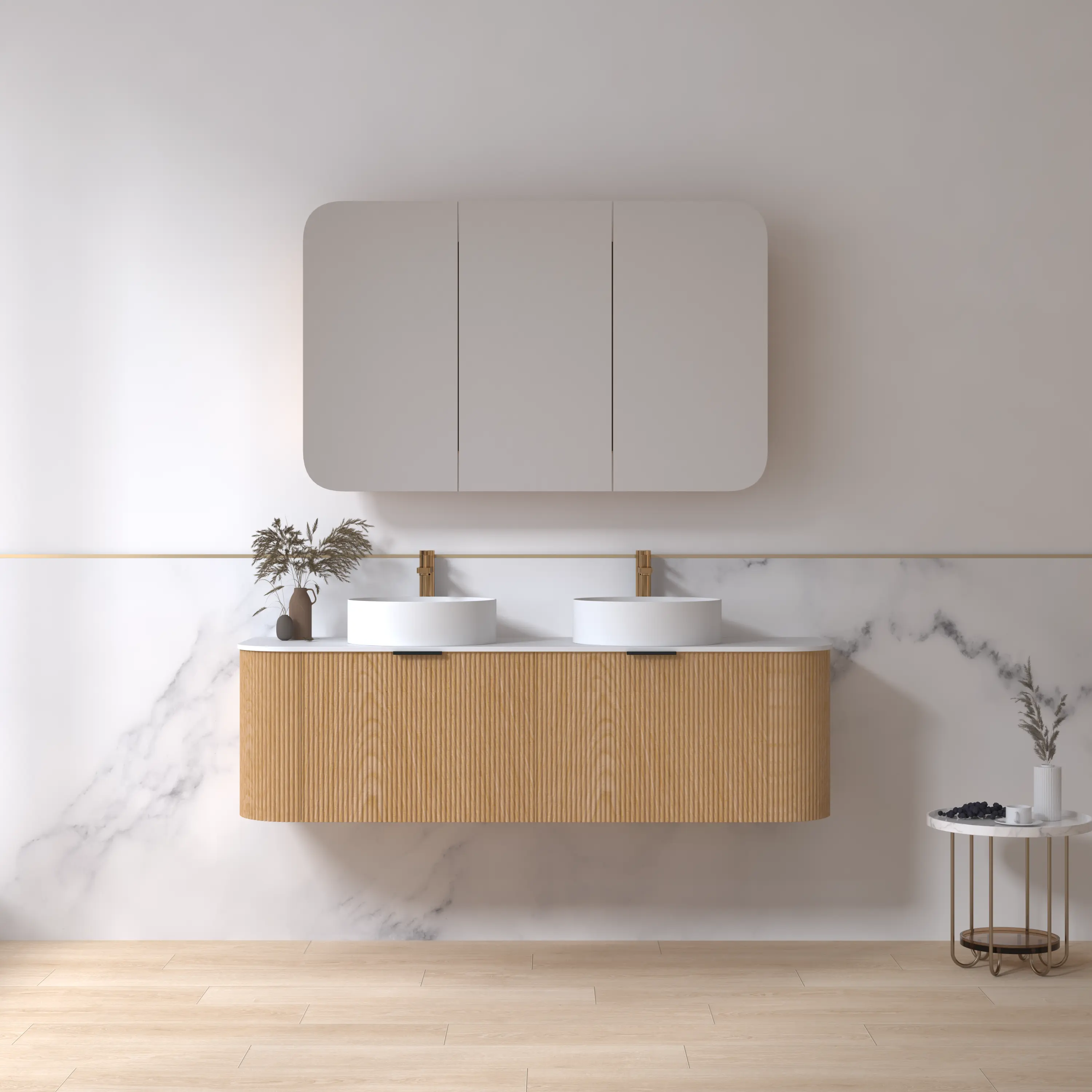 Adair Curved Fluted Wall Hung Vanity - Walnut Wood 1500mm x 450mm (Stone Top & Basins are Included) Bagno D'Oro