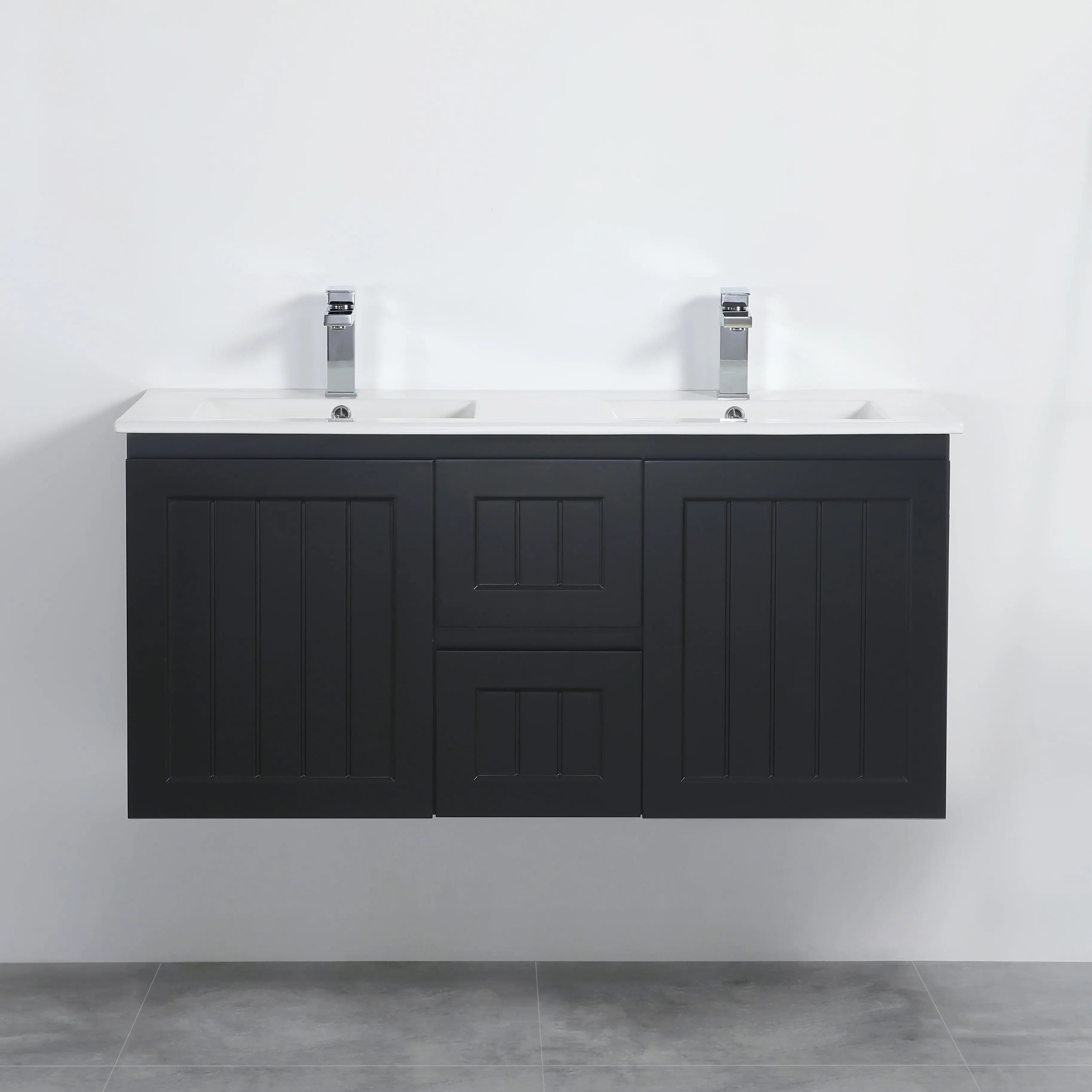 ACACIA SHAKER Matte Black PVC Wall Hung Vanity 1200 (Double Bowl) Poseidon