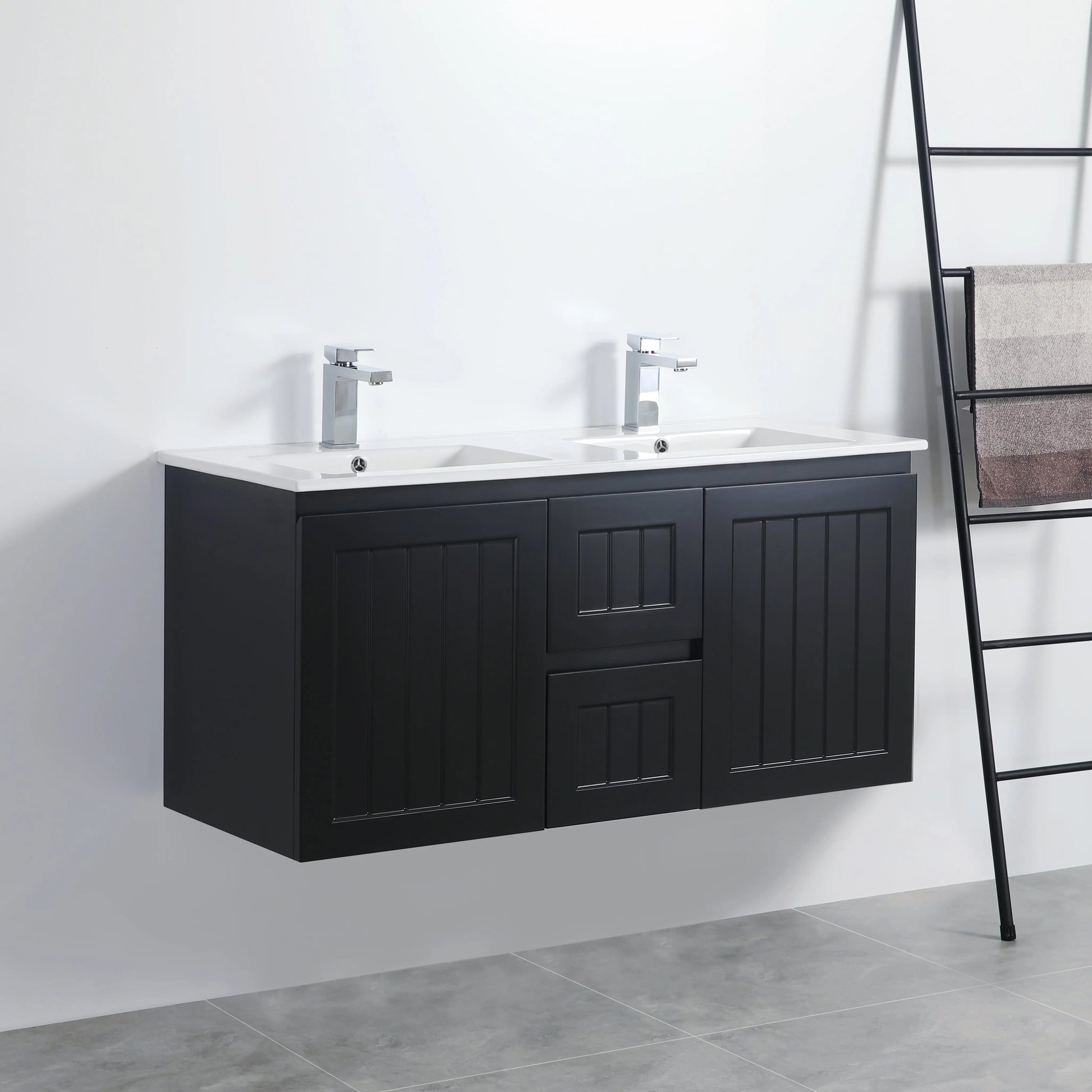ACACIA SHAKER Matte Black PVC Wall Hung Vanity 1200 (Double Bowl) Poseidon