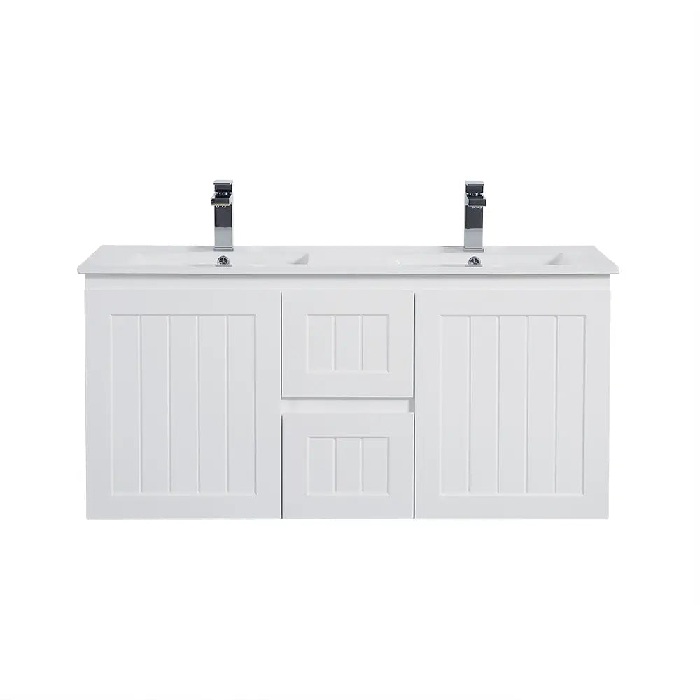 ACACIA SHAKER Matte White PVC Wall Hung Vanity 1200 (Double Bowl) Poseidon