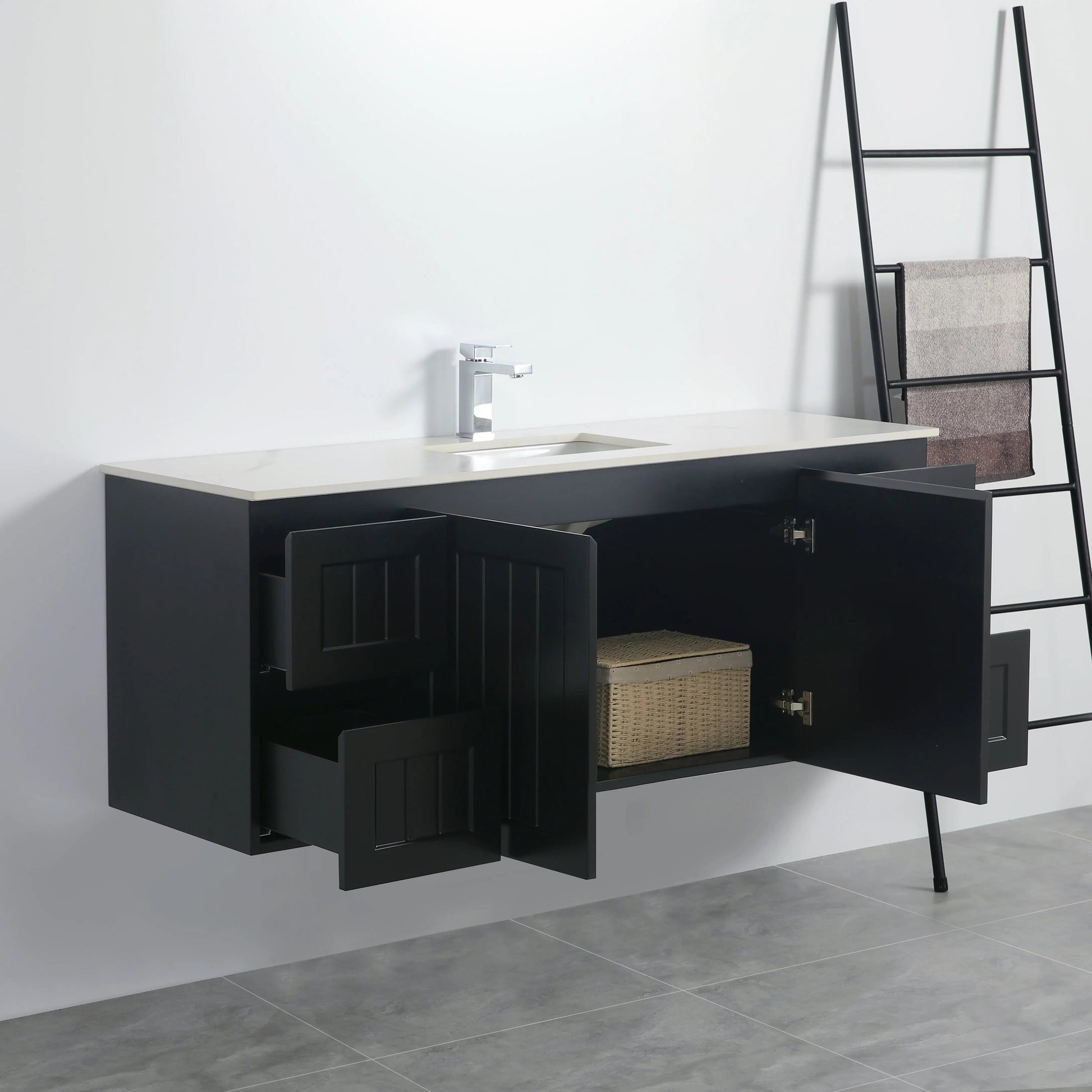 ACACIA SHAKER Matte Black PVC Wall Hung Vanity 1500 (Single/Double Bowl) Poseidon