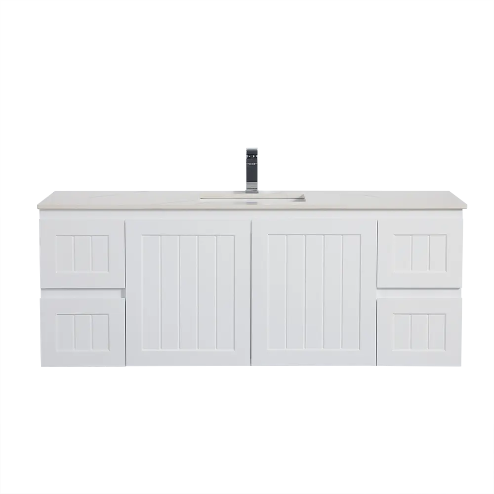 ACACIA SHAKER Matte White PVC Wall Hung Vanity 1500 (Single/Double Bowl) Poseidon