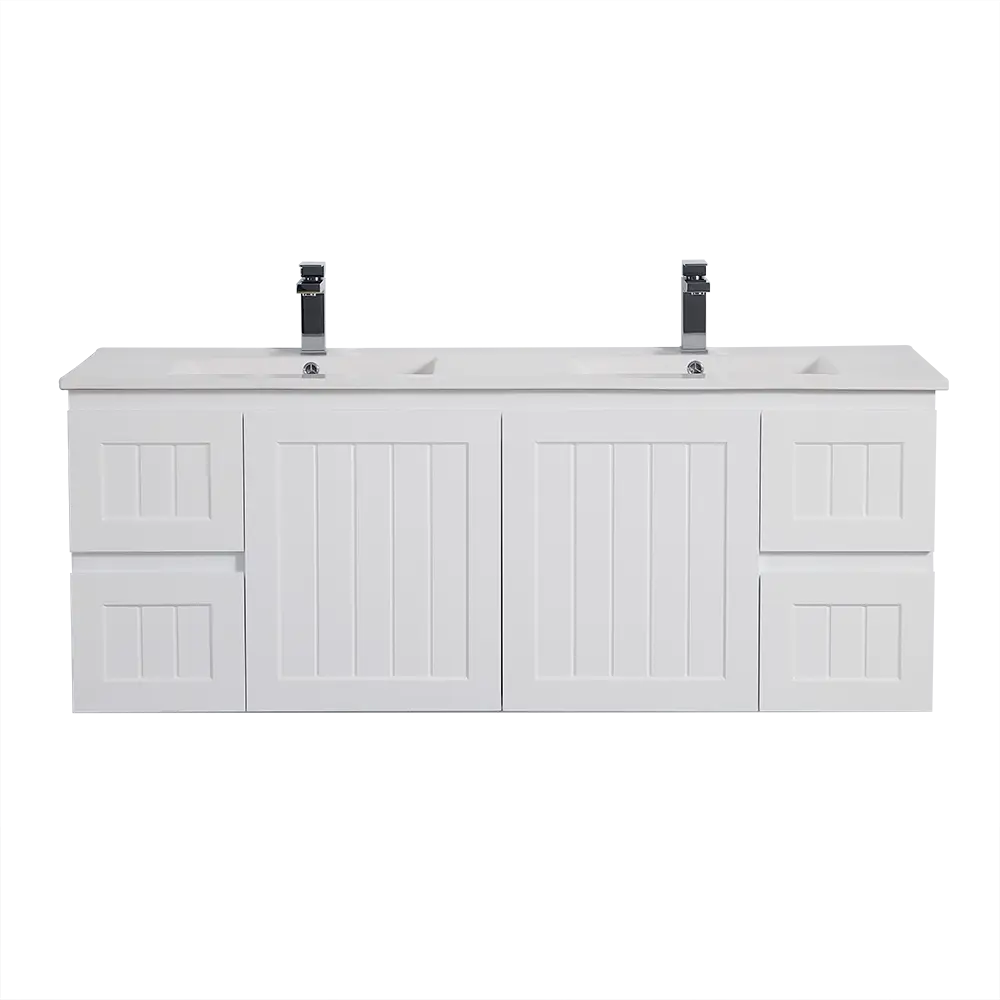 ACACIA SHAKER Matte White PVC Wall Hung Vanity 1500 (Single/Double Bowl) Poseidon