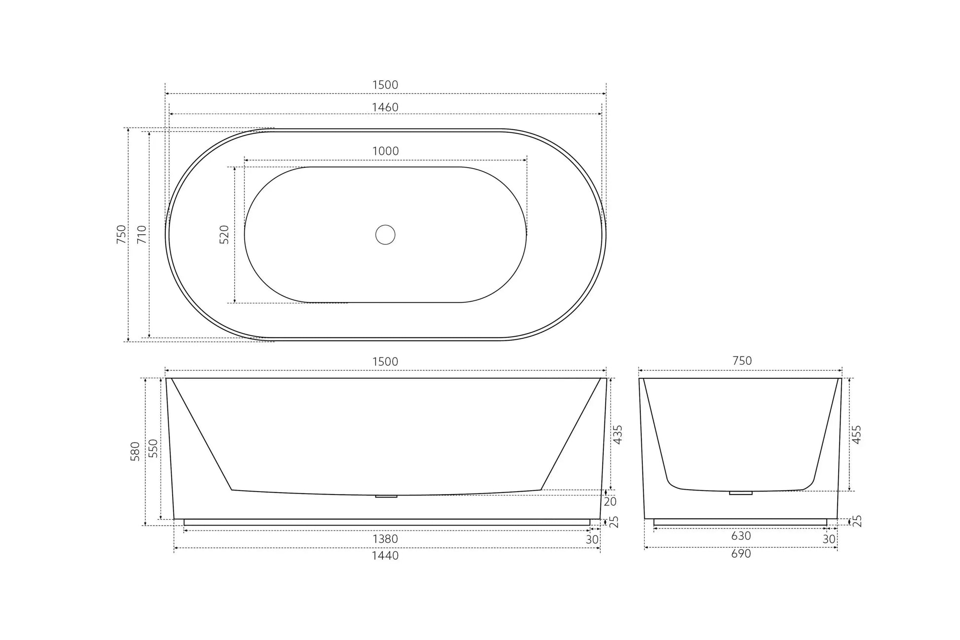 Oval Fluted Freestanding Bath 1500X750X580MM Poseidonbk