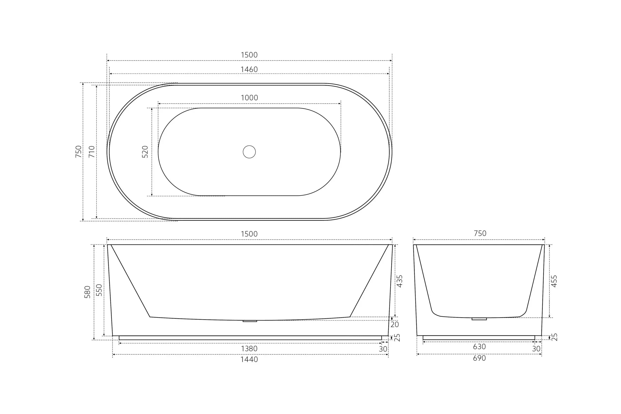 Oval Fluted Freestanding Bath 1500X750X580MM Poseidonbk