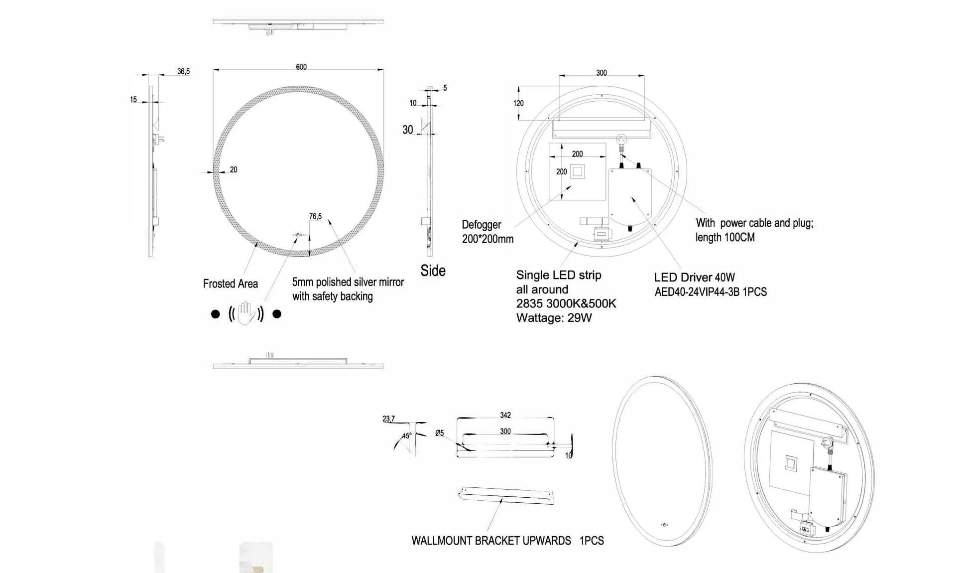 Luna Round Touchless 600 X 600 Frameless LED Mirror - Three Light Temperatures Poseidonbk