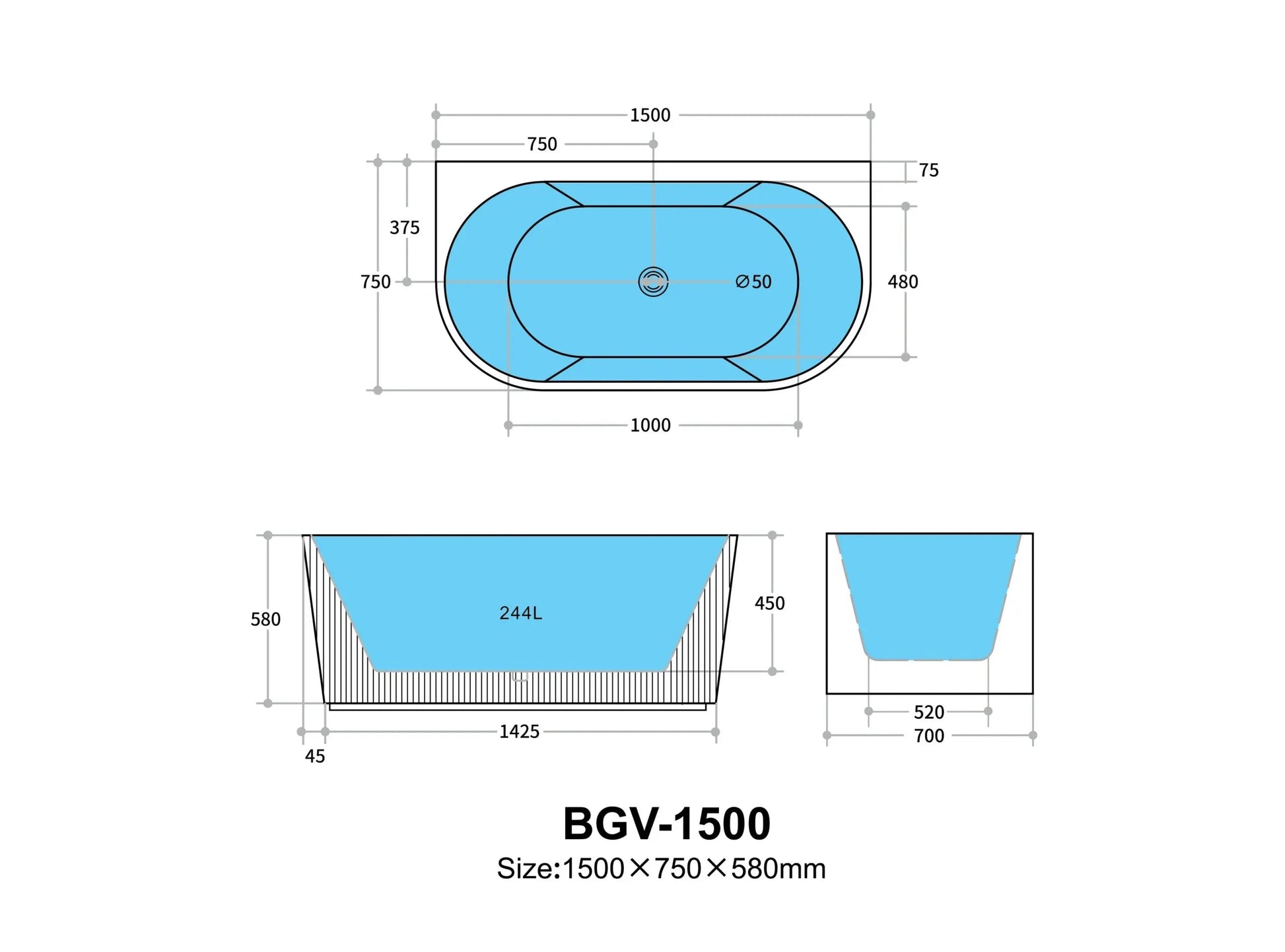 Bari Matte Black Groove Fluted Back-to-Wall Bathtub 1500*750*580mm Poseidonbk