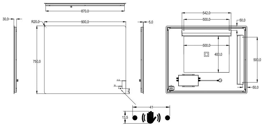 Jasper Rectangular Touchless 900 X 750 Frameless LED Mirror - Three Light Temperatures Poseidonbk