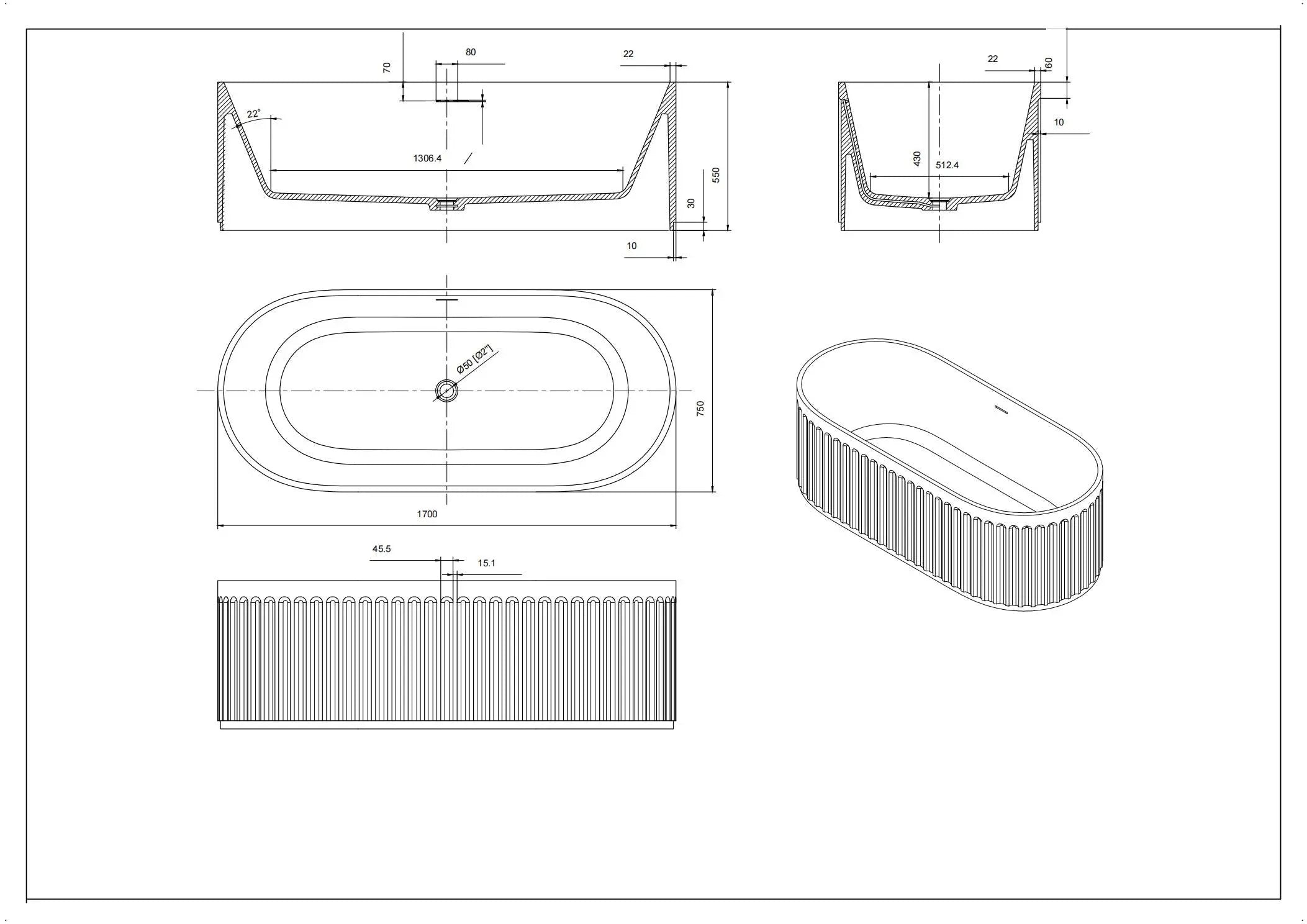 Cascade Matte Black Solid Surface Stone Free Standing Bath 1700mm*750mm*550mm Poseidonbk
