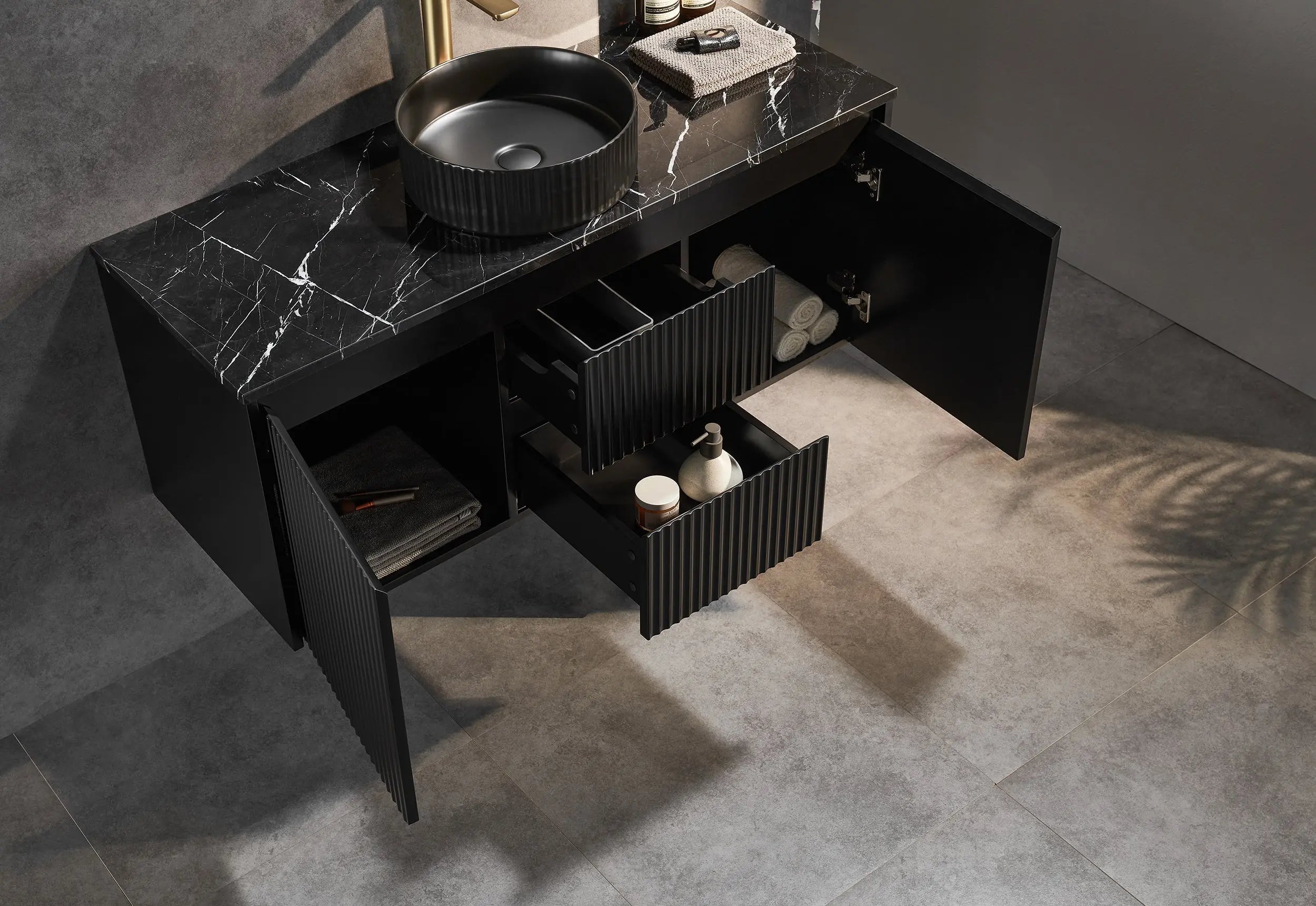 Brindabella Wall Hung Vanity (Middle Drawer) 1200mm (Single/Double Bowl) (Matte Black) Poseidon