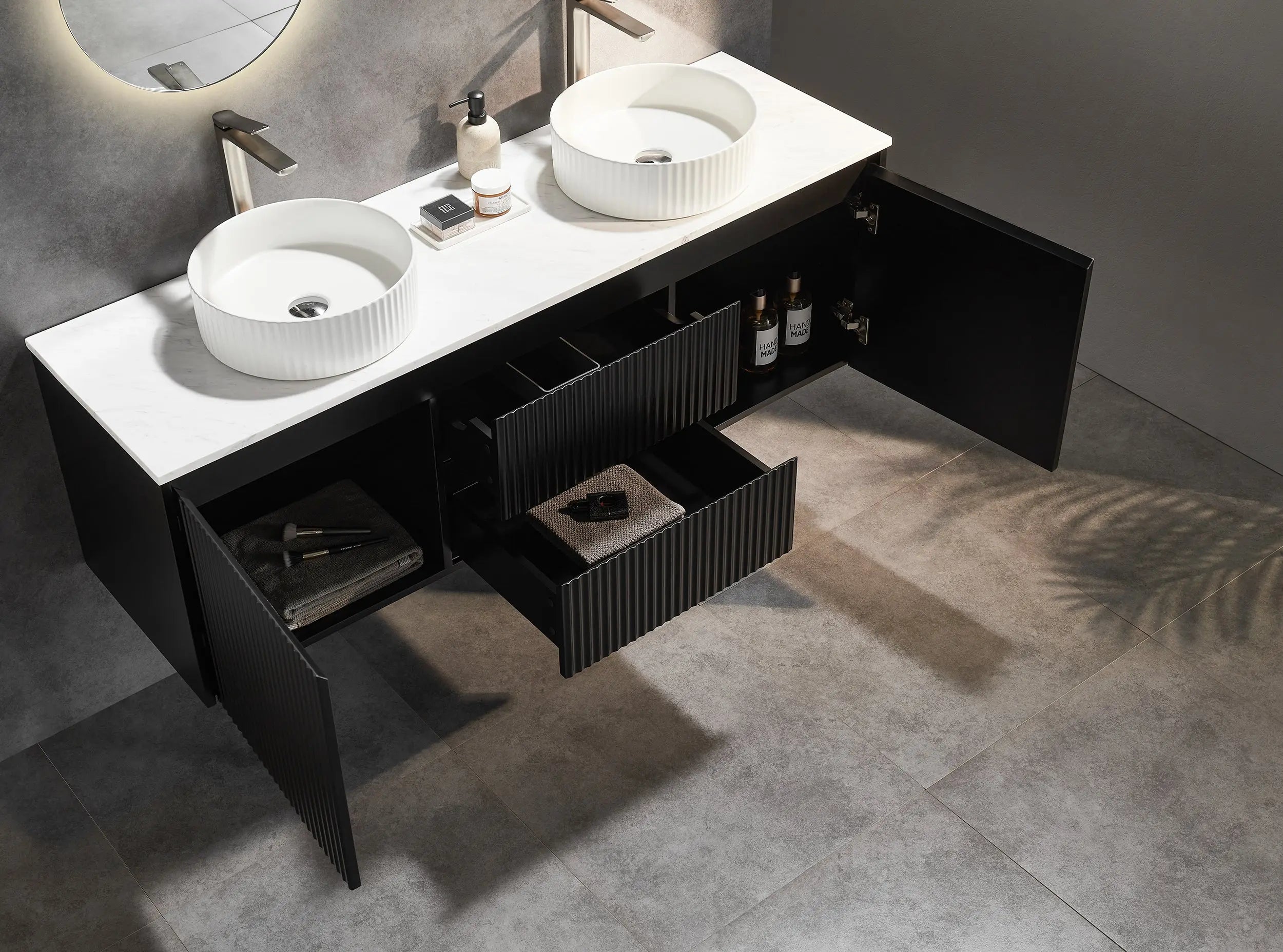 Brindabella Wall Hung Vanity (Middle Drawers) 1500mm (Single/Double Bowl) (Matte Black) Poseidon