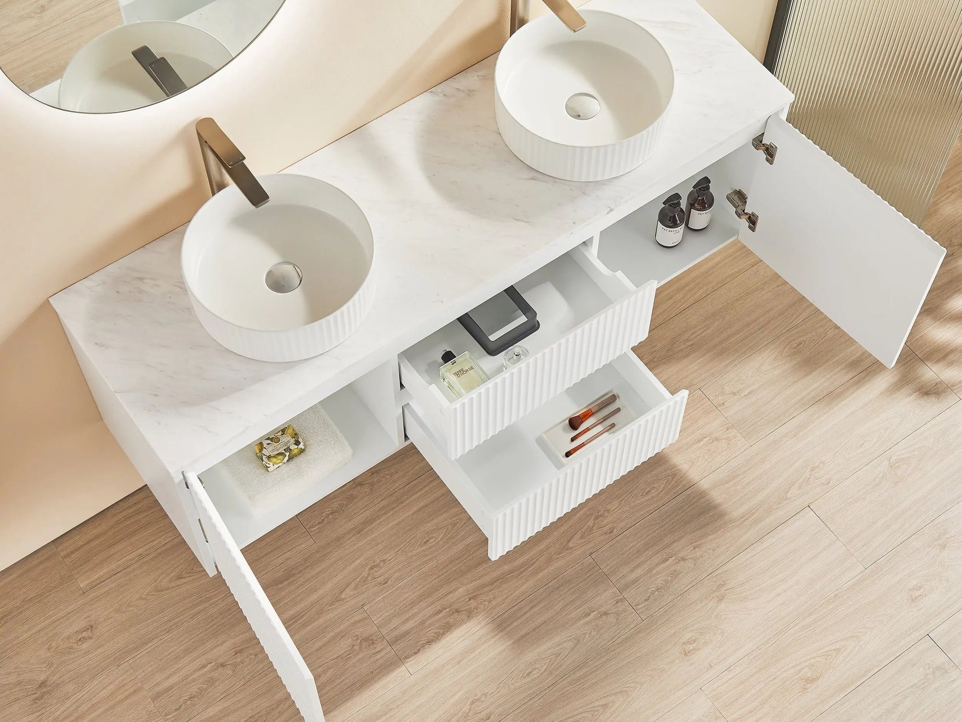 Brindabella Wall Hung PVC Cabinet (Middle Drawer) 1500mm (Single/Double Bowl) (Matte White) Poseidon