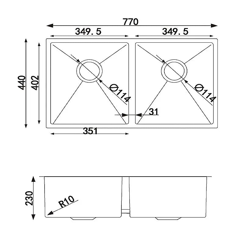 Handmade Stainless Steel Chrome Double Bowl Kitchen Sink 1.2mm (Top/Flush/Undermount) 770*440*230mm Aquaperla
