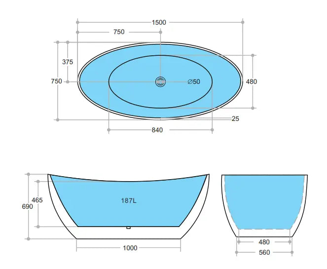 Evie Gloss White Free Standing Bathtub 1500*750*690mm Poseidonbk