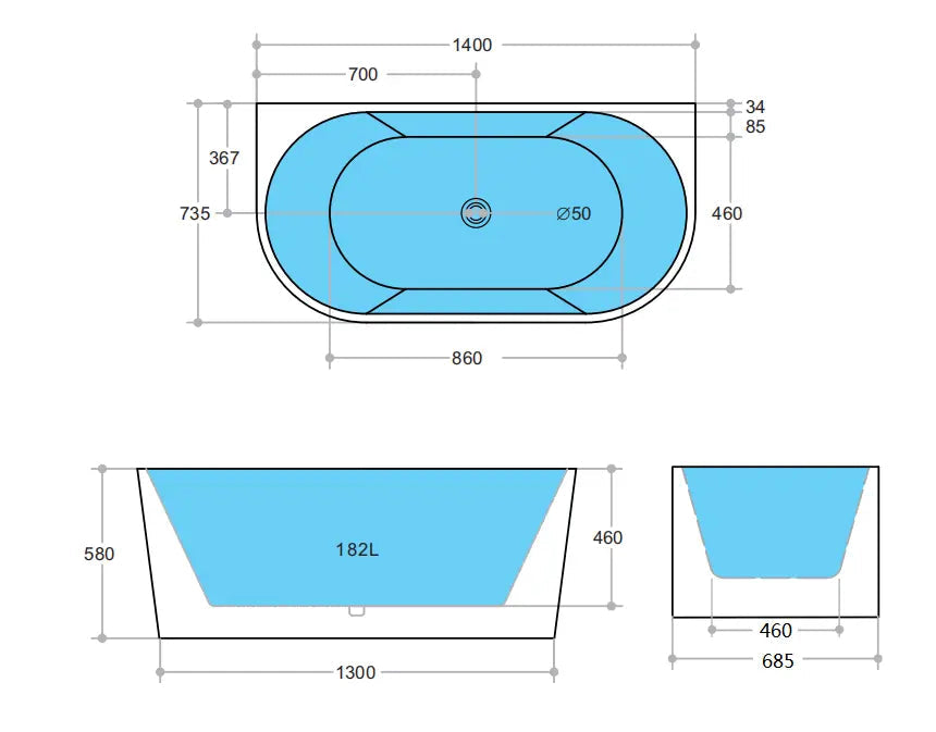 Elivia Back to Wall Bathtub Gloss White 1400mm (L) x 735mm (W) x 580mm (H) Poseidonbk
